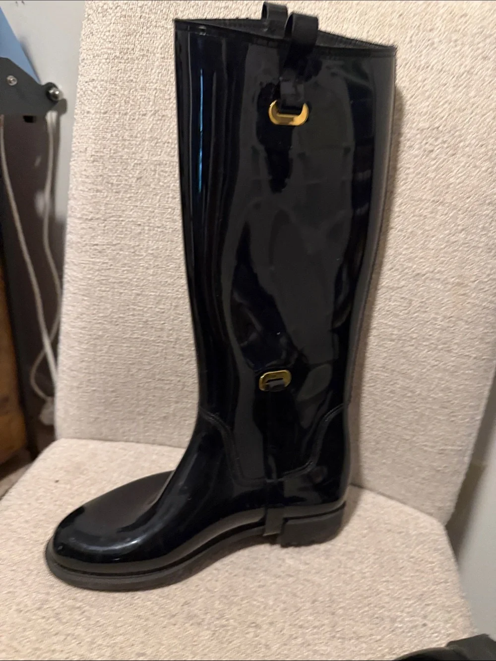 Women's Glossy Black Rain Boots with Gold Buckle Accent